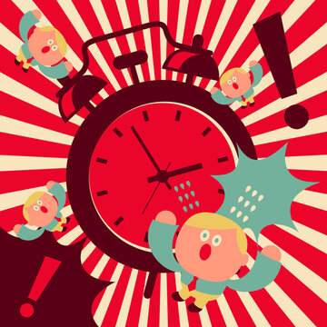 Flat vector illustration of a stressed businessman panicking around a huge ringing alarm clock on a sunburst background. Ideal for time management, workplace stress, and tight deadline concepts.