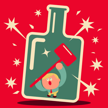 Flat vector illustration of a tiny businessman trapped inside a glass bottle, hitting it with a hammer to break free. For business bottlenecks, confinement, freedom, and problem-solving concepts.