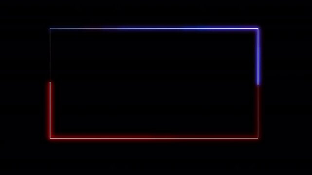 Glowing red and blue neon rectangular frame animation with moving light segments, isolated on transparent background with alpha channel, seamless loop for overlays