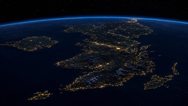 Aerial night perspective of the British Isles with bright metropolitan areas, connected settlements and clearly defined island coastlines.