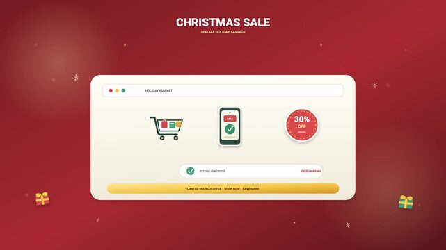 Christmas sale banner with shopping cart and mobile phone showing discount offer on red background