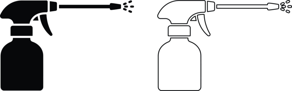 Cleaning spray bottle spraying liquid icon in flat design and minimalist line art