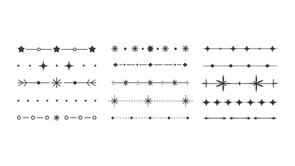 Fototapeta premium Decorative Line Elements: A collection of elegant graphic design elements featuring stars, dots, and geometric shapes arranged in decorative lines and dividers, perfect for enhancing text or layouts.