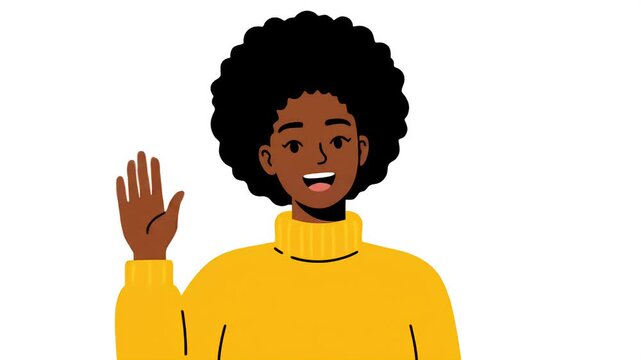 Animated character waving hello, smiling person with afro hair in a yellow turtleneck, simple flat illustration loop
