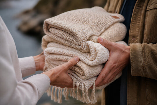 A person is holding a stack of knitted, cream-colored blankets outdoors.