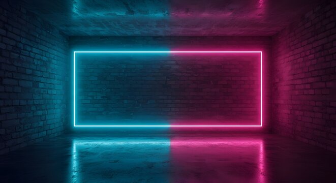 Exposed brick walls, neon light rectangles (cyan and magenta), glossy floor, dim lighting, industrial texture, symmetrical composition, reflections of lights on the floor.