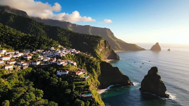 Aerial drone footage of a picturesque coastal village nestled on a lush green mountainside overlooking the sparkling blue ocean at sunset, scenic island landscape, travel and vacation