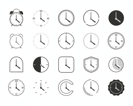 Minimal Black and White Clock Icons Collection &ndash; Time Concept Set"