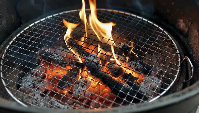 A heavy metal grill set over glowing charcoal embers with energetic orange flames dancing inside a dark pit conveying high-heat outdoor summer cooking
