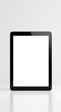 Black tablet, blank screen, white background, glossy surface, soft lighting, minimalistic design, clean lines.