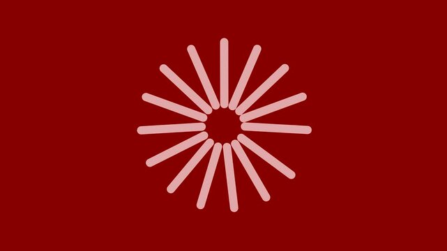 Minimalist digital loading symbol with rotating white segments on a dark red background graphic design