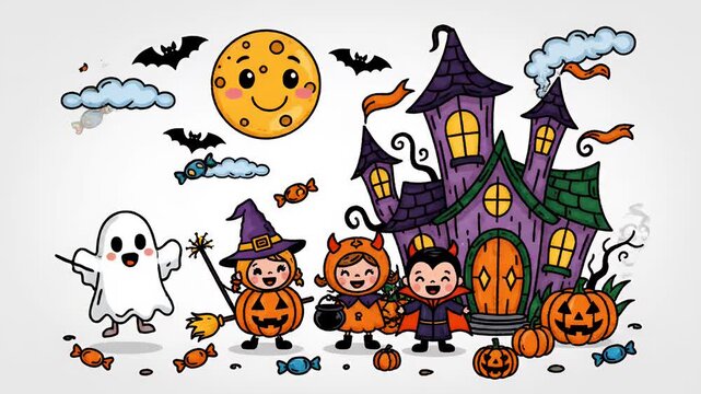 Cute halloween characters, ghost, witch, vampire, pumpkin kids, haunted house, candy, bats, full moon, cartoon style, for holiday celebration