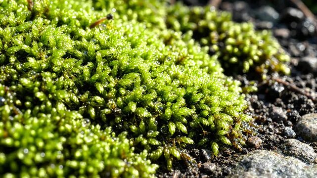 Lush green moss growing on wet soil and stones.
