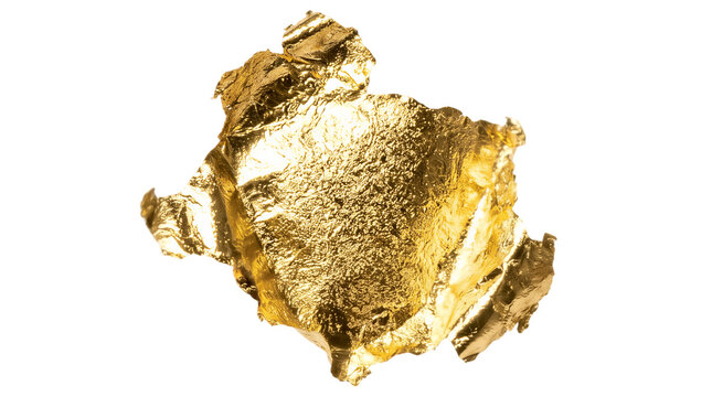 Crushed floating 24k gold leaf flake with crinkled metallic texture for luxury cosmetics branding and elegant editorial design on transparent background