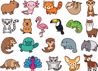 Naklejka premium Cute Kawaii Exotic Wildlife Rare Animals and Birds Vector Sticker Set
