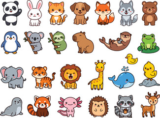 Naklejka premium Cute Kawaii Wild Animals Zoo Safari and Aquatic Wildlife Vector Sticker Set