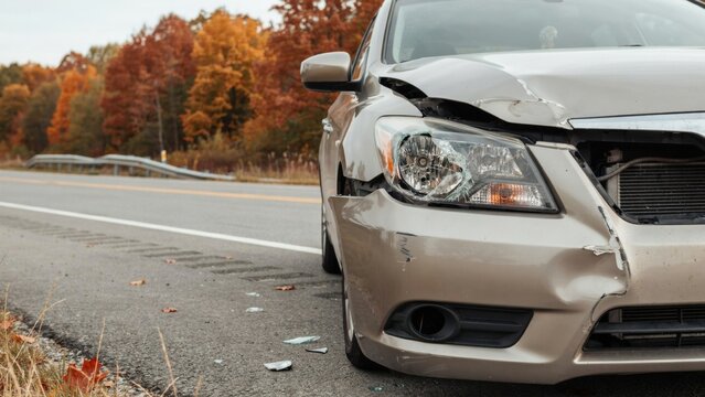 Damaged beige sedan parked roadside following minor vehicle collision during autumn season road trip incident
