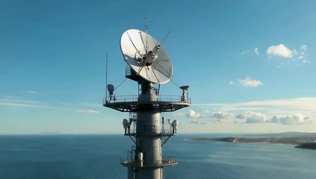 An imposing coastal radar tower mounted with satellite dishes and surveillance antennas perfectly illustrating marine navigation border control infrastructure and telecommunications technology