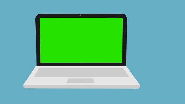 motion animation of a laptop on a transparent background, animation of the laptop moving open and closed with a green laptop screen, animation made for things related to technology and business