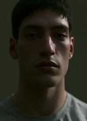 Obraz premium Close-up portrait of a young man's face. he is looking directly at the camera with a serious expression. his eyes are dark and his eyebrows are furrowed.