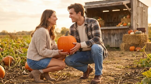 Happy couple enjoying a sustainable farm lifestyle, picking pumpkins in stylish autumn outfits at a golden hour patch. They share a joyful moment. Pumpkin patch outfits fall outfits