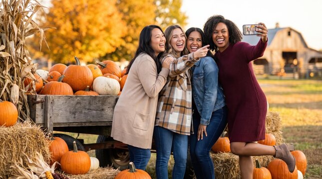 Four women, including an African American woman, celebrate friendship and fall fashion at a bustling pumpkin patch. They enjoy a wholesome autumn lifestyle. Pumpkin patch outfits fall outfits