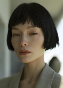 Close-up portrait of a young woman's face. she has a short, black bob haircut with bangs that frame her face. her hair is styled in a bob cut with a side part and falls over her shoulders.