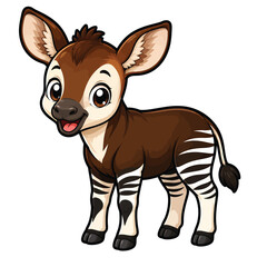 Naklejka premium Cute cartoon okapi standing proudly, adorable striped African forest mammal character isolated on white background for children