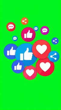 social media likes and hearts icons animation, thumbs up like share button, engagement feedback, communication concept