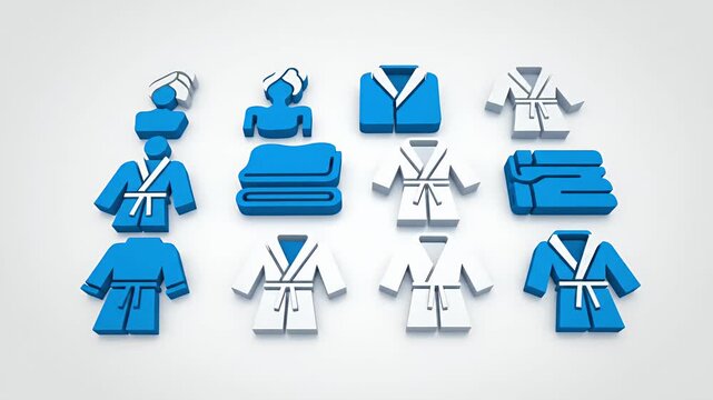 various bathrobes and folded towels in blue and white 3d icons, spa and hotel textile icons