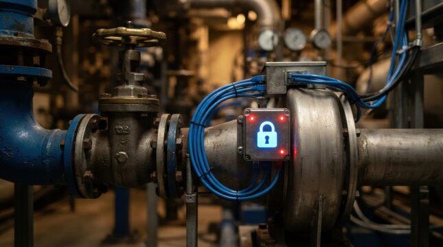 Water utility cybersecurity defense concept with valve, padlock icon, server cables, indicator lights, and pump housing