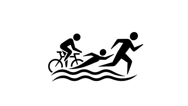 Motion graphic icon representing triathlon athletes cycling swimming and running over water waves, symbol for competition