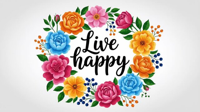 Animated wreath with handwritten text 'Liv Happy', celebration, wedding, event graphic