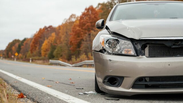 Damaged sedan front bumper after road collision incident on rural autumn highway roadside setting with broken headlight dented bumper parked shoulder