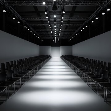 An empty fashion runway set in a minimalist environment, featuring rows of black chairs on either side of a stark white catwalk.