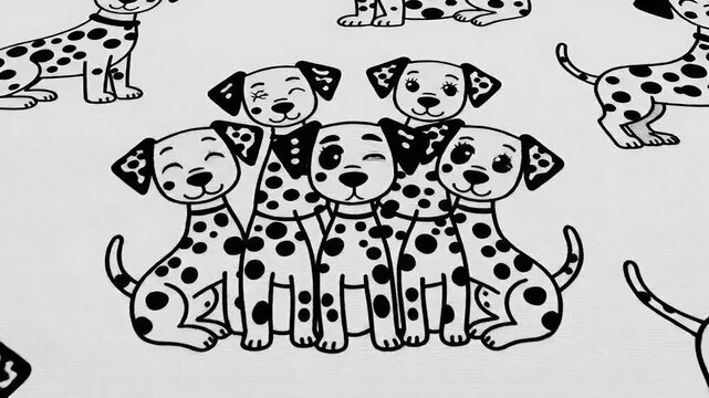 Cute dalmatian dog pattern animation, playful puppies with black spots, simple cartoon style, repeating background, children's theme