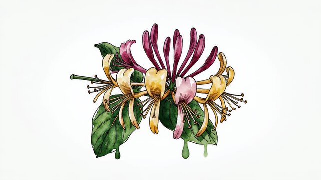 Isolated honeysuckle flower with pink and yellow blooms, green leaves, watercolor style, natural beauty, organic growth, spring blossom, summer flora
