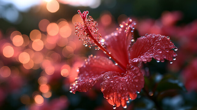 Red Hibiscus Flower with Water Droplets and Bokeh Lighting