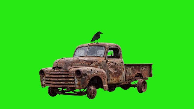 Raven on rusted old pickup truck green screen