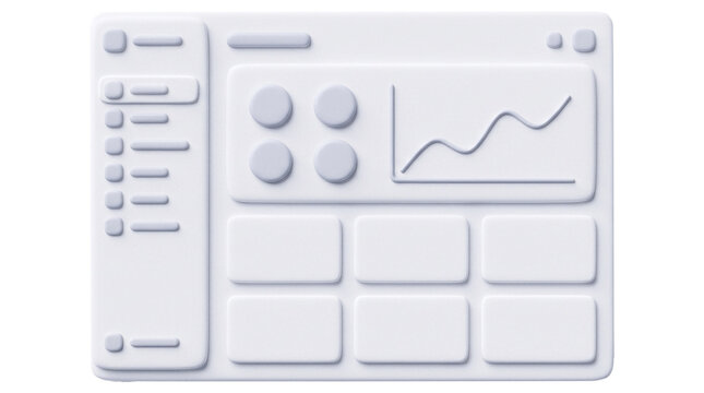 Minimalist 3d saas product dashboard wireframe mockup displaying blank interface cards analytics metric chart sidebar navigation user interface software layout component on transparent background
