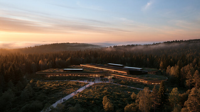 Aerial View of Modern Sustainable Architecture in Forest at Sunset