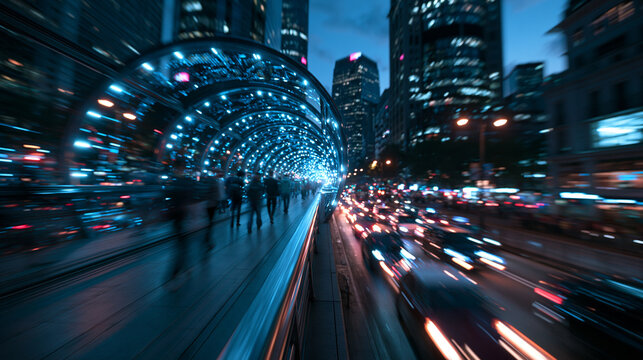 Futuristic Illuminated Pedestrian Tunnel and City Traffic at Night
