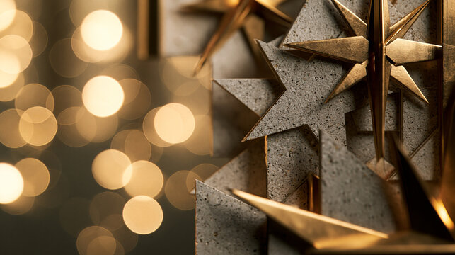 Golden Christmas Stars Decorations with Glowing Bokeh Lights