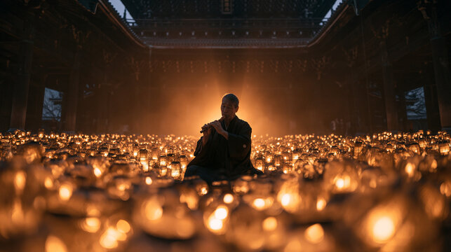 Monk Playing Flute Surrounded by Glowing Lanterns in Temple
