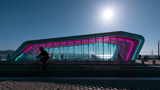 Modern Futuristic Glass Pavilion with Neon Lights and Cyclist on Waterfront