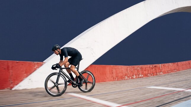 Male Cyclist Riding Fast on Banked Track Outdoors