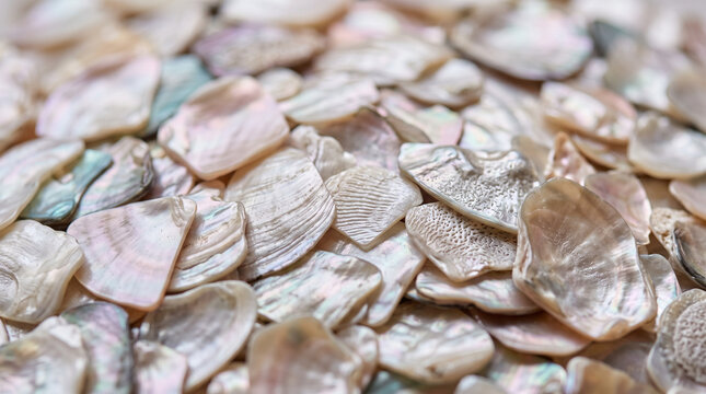 Abstract macro view of polished iridescent mother-of-pearl fragments; natural pearlescent nacre texture on interior seashell pieces featuring soft pink and white organic highlights.
