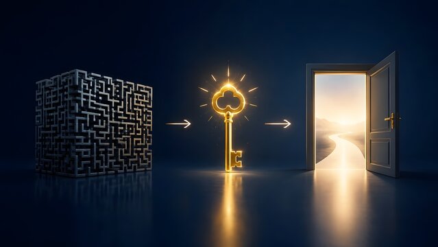 Complex labyrinth leading to a glowing golden key and an open door towards a bright landscape, symbolizing problem solving, success, and overcoming challenges