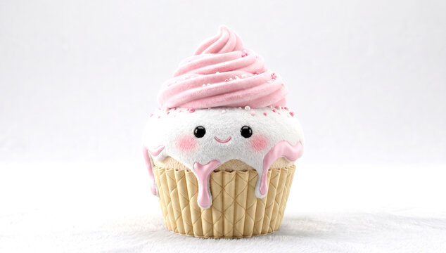 Cupcake de peluche kawaii con crema rosa y ojos tiernos sobre fondo blanco