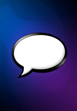 A speech bubble is centered on a gradient background transitioning from deep blue to purple. The bubble is white with a glossy black outline.